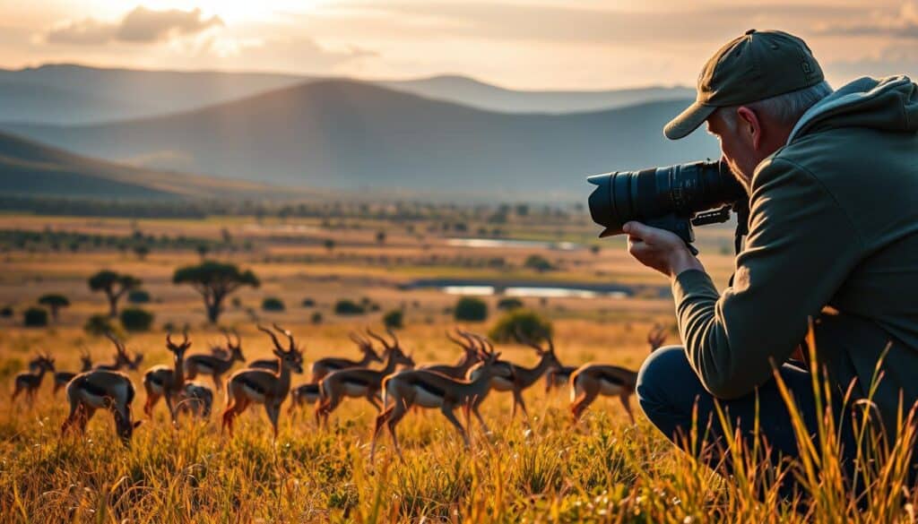 A wildlife photographer crouches in the grass, their Sony camera lens trained on a herd of gazelles grazing in the foreground. The autofocus system tracks the animals' movements precisely, capturing their graceful leaps and turns in crisp detail. The mid-ground features a lush, verdant savanna, with acacia trees and a distant watering hole. Warm, golden sunlight filters through wispy clouds, casting a soft, cinematic glow over the scene. In the background, rolling hills and a vast, azure sky create a sense of depth and grandeur. The overall atmosphere is one of tranquility and awe, perfectly capturing the essence of wildlife photography.