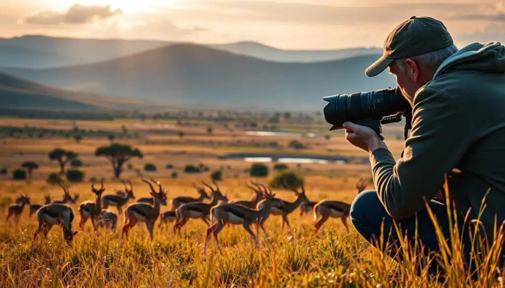 A wildlife photographer crouches in the grass, their Sony camera lens trained on a herd of gazelles grazing in the foreground. The autofocus system tracks the animals' movements precisely, capturing their graceful leaps and turns in crisp detail. The mid-ground features a lush, verdant savanna, with acacia trees and a distant watering hole. Warm, golden sunlight filters through wispy clouds, casting a soft, cinematic glow over the scene. In the background, rolling hills and a vast, azure sky create a sense of depth and grandeur. The overall atmosphere is one of tranquility and awe, perfectly capturing the essence of wildlife photography. A wildlife photographer crouches in the grass, their Sony camera lens trained on a herd of gazelles grazing in the foreground. The autofocus system tracks the animals' movements precisely, capturing their graceful leaps and turns in crisp detail. The mid-ground features a lush, verdant savanna, with acacia trees and a distant watering hole. Warm, golden sunlight filters through wispy clouds, casting a soft, cinematic glow over the scene. In the background, rolling hills and a vast, azure sky create a sense of depth and grandeur. The overall atmosphere is one of tranquility and awe, perfectly capturing the essence of wildlife photography.
