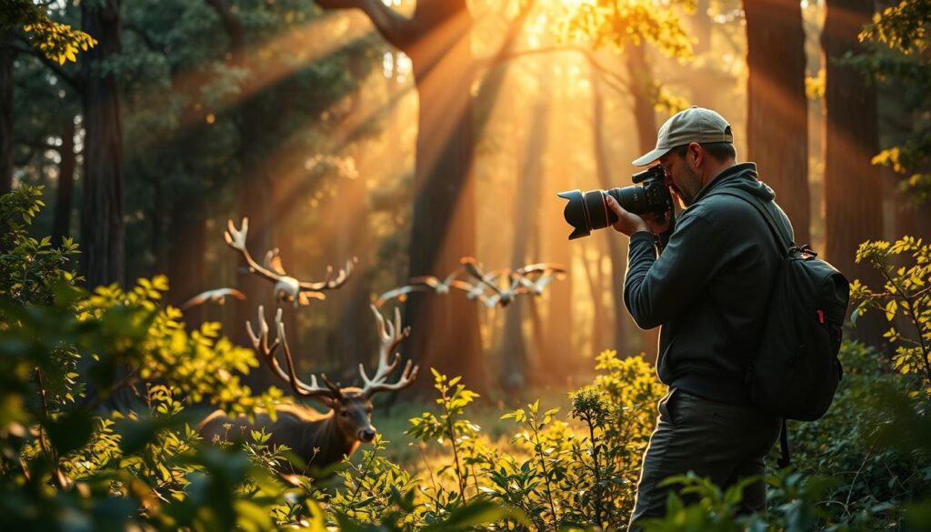 A wildlife photographer stands amidst a lush, verdant forest, wielding a state-of-the-art Canon DSLR with a high-magnification telephoto lens. Rays of warm, golden sunlight filter through the canopy, casting a soft, natural glow over the scene. In the foreground, a majestic stag emerges from the undergrowth, its antlers casting dramatic shadows. In the middle distance, a flock of birds takes flight, their wings a blur of color. The background is filled with the towering trunks of ancient trees, hinting at the untamed wilderness beyond. The overall atmosphere is one of tranquility and awe, capturing the essence of advanced wildlife photography in the year 2025.