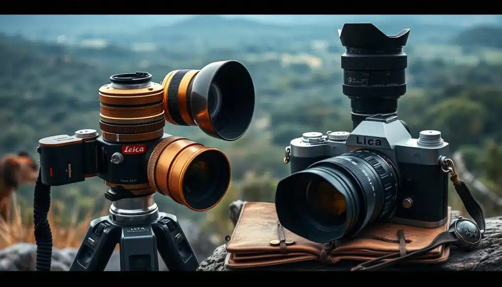 A wildlife photography expedition through the ages, showcasing the evolution of gear and technology. In the foreground, a vintage Leica camera with a large telephoto lens rests on a sturdy tripod, its polished brass body gleaming in the soft, diffused lighting. In the middle ground, a modern mirrorless camera with an array of interchangeable lenses and a sleek, minimalist design stands alongside a weathered, well-worn field journal and a compass. In the background, a panoramic vista of a lush, untamed wilderness unfolds, hinting at the awe-inspiring subjects these cameras have captured over the decades. The scene exudes a sense of nostalgia, progress, and a reverence for the art of wildlife photography. A wildlife photography expedition through the ages, showcasing the evolution of gear and technology. In the foreground, a vintage Leica camera with a large telephoto lens rests on a sturdy tripod, its polished brass body gleaming in the soft, diffused lighting. In the middle ground, a modern mirrorless camera with an array of interchangeable lenses and a sleek, minimalist design stands alongside a weathered, well-worn field journal and a compass. In the background, a panoramic vista of a lush, untamed wilderness unfolds, hinting at the awe-inspiring subjects these cameras have captured over the decades. The scene exudes a sense of nostalgia, progress, and a reverence for the art of wildlife photography.