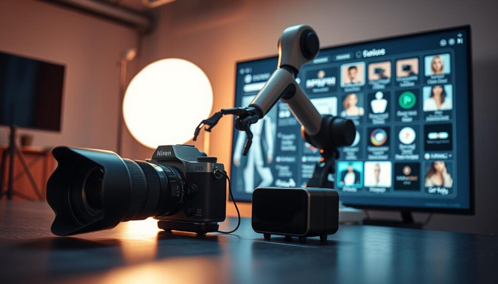AI fashion photography tools, a sleek collection of state-of-the-art technology designed to streamline the creative process. In the foreground, a high-resolution camera with a professional-grade lens captures the essence of the moment, its aperture adjusting seamlessly to the ever-changing lighting conditions. Beside it, a compact yet powerful AI-powered editing suite, its intuitive interface allowing for swift adjustments to color, contrast, and composition. In the middle ground, a robotic arm poised to assist with complex lighting setups, its articulated joints casting a soft, even glow across the scene. The background features a touchscreen display, its expansive interface showcasing a suite of automated administrative tools, from scheduling to model management, all seamlessly integrated to optimize workflow. The overall atmosphere exudes efficiency, precision, and a touch of futuristic elegance, perfectly complementing the article's exploration of AI's transformative impact on the fashion photography