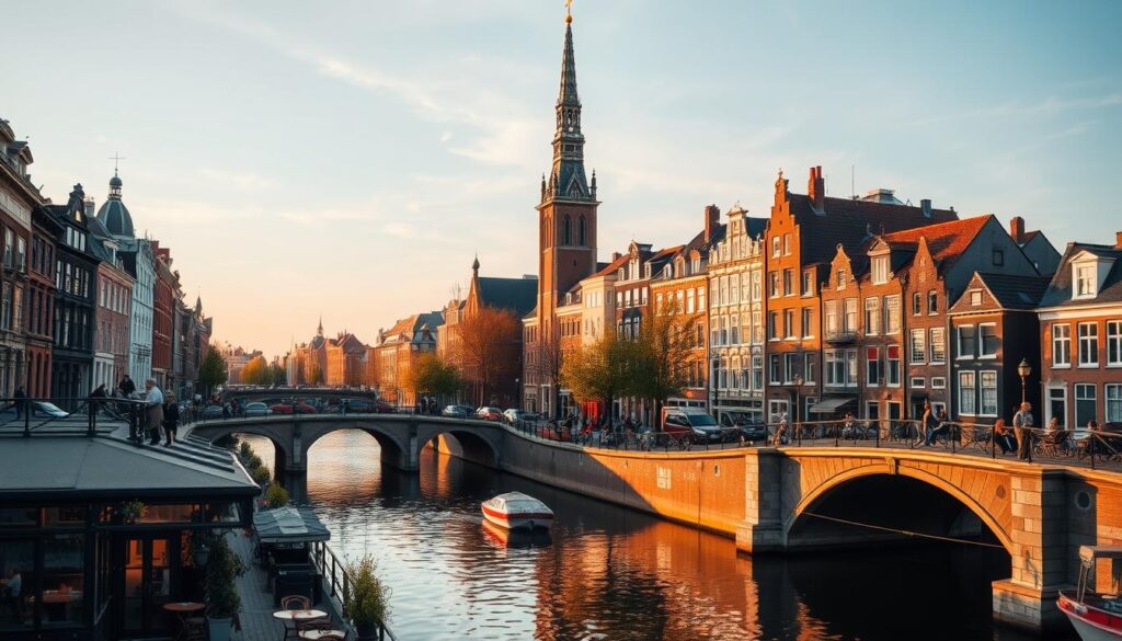 Amsterdam landmarks photo opportunities: A vibrant cityscape with iconic canals, historic bridges, and charming architecture bathed in soft, golden-hour light. In the foreground, a quaint canal-side cafe with cozy outdoor seating. In the middle ground, the iconic Westerkerk church tower rises majestically, its distinctive silhouette reflected in the still waters. In the background, the gabled rooftops of Amsterdam's famous row houses, creating a picturesque, quintessentially Dutch scene. The image should be captured with a wide-angle lens to emphasize the depth and grandeur of the setting, showcasing the best photography spots for capturing the essence of this beautiful city.