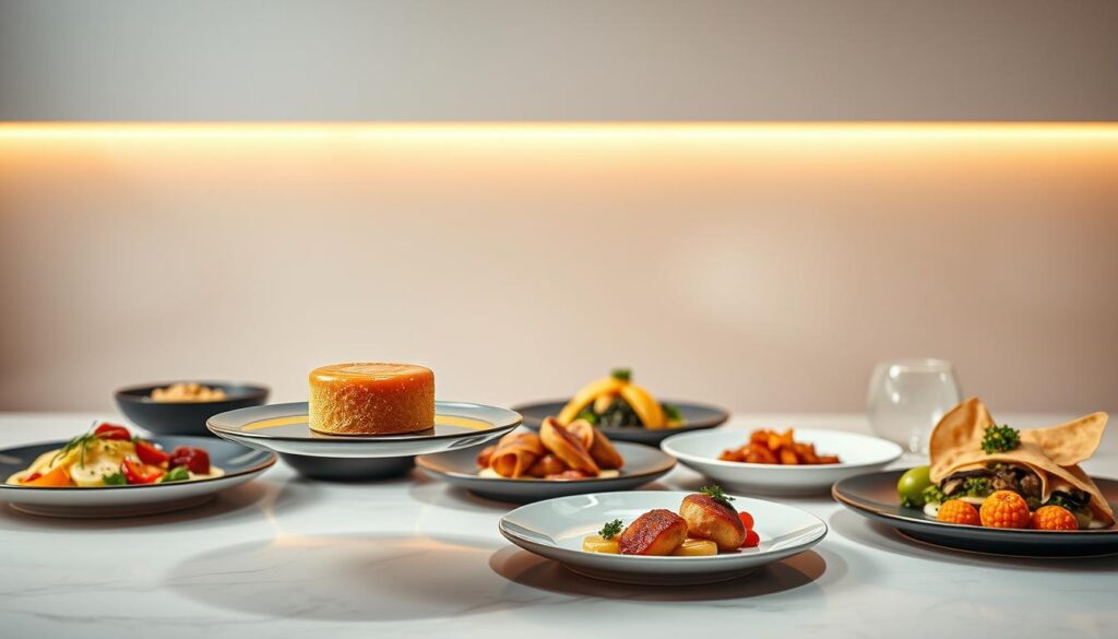 An elegant food photography scene from the year 2025: A meticulously arranged still life of gourmet dishes set against a minimalist backdrop. In the foreground, a levitating plate showcases a delicate dessert, its shimmering glaze reflecting the soft, warm lighting. The middle ground features a variety of plated dishes, each showcasing the latest culinary trends - vibrant colors, intricate textures, and creative plating techniques. In the background, a seamless infinity wall creates a sleek, futuristic ambiance, complemented by subtle holographic accents that add a touch of technological wonder. The overall composition exudes a sense of timeless sophistication, hinting at the advancements in food photography set to emerge in the years to come.