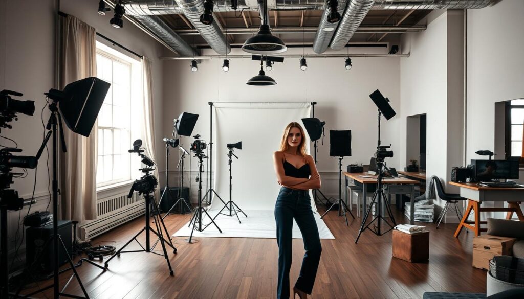 An elegant, professionally-lit studio space showcasing a variety of photographic services. A large window bathes the room in soft, natural light, highlighting a diverse array of photographic equipment including professional-grade cameras, lenses, and lighting setups. In the foreground, a model poses confidently, showcasing the high-quality results of Sarah Silver's expert photography. The middle ground features a seamless backdrop and various studio accessories, while the background hints at additional workspaces and a cozy lounge area for client consultations. The overall atmosphere exudes a sense of creativity, professionalism, and attention to detail, perfectly encapsulating the exceptional services offered by Sarah Silver.