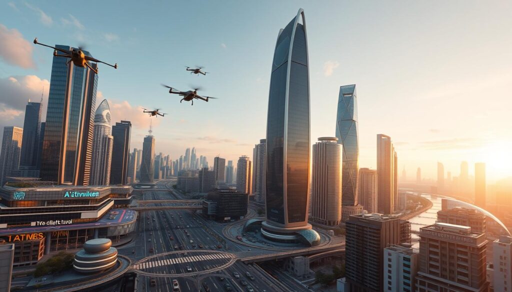 An ultra-realistic aerial view of a futuristic cityscape, showcasing the rapid advancements in artificial intelligence. The foreground features a network of autonomous vehicles and drones, seamlessly navigating the bustling streets. In the middle ground, towering skyscrapers with sleek, technological facades house cutting-edge AI research labs and data centers. The background is a vibrant, holographic skyline, where virtual assistants and AI-powered holograms communicate with the city's inhabitants. The scene is bathed in a warm, golden glow, creating a sense of progress and innovation. Subtle details, such as floating data visualizations and adaptive lighting systems, hint at the pervasive integration of AI into every aspect of urban life.