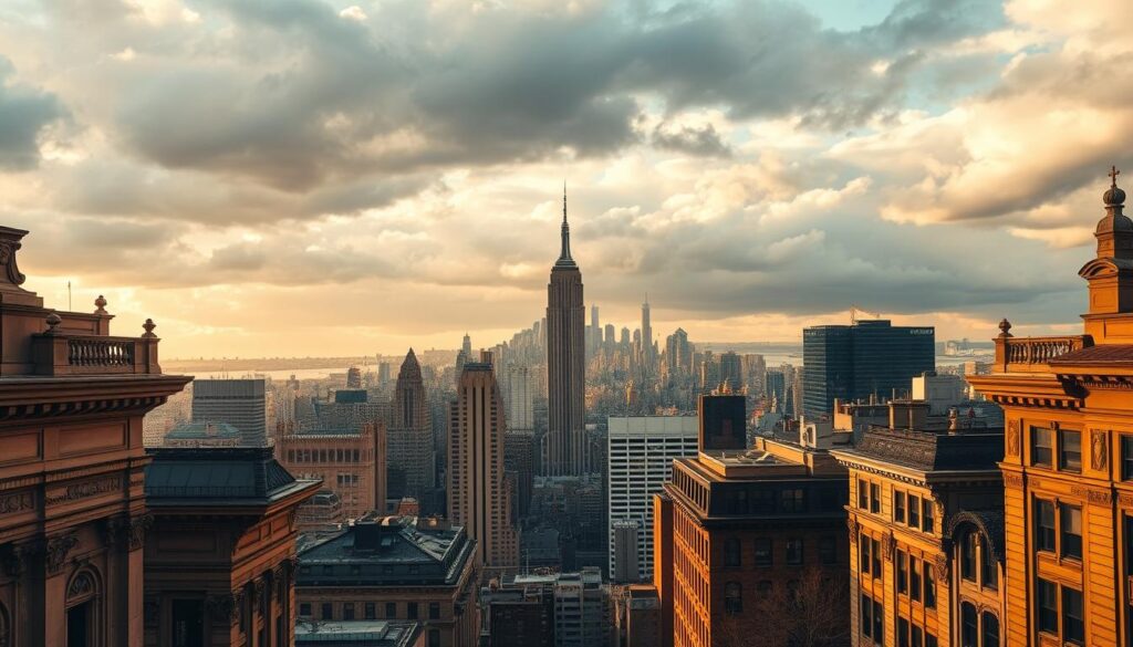 Architectural masterpieces under a dramatic sky: a sweeping panorama of New York City's iconic skyline, captured with a wide-angle lens to showcase the towering skyscrapers and ornate facades in stunning detail. The scene is bathed in warm, golden light, creating a sense of grandeur and timelessness. In the foreground, intricate architectural elements, such as ornate cornices and decorative stonework, draw the eye, while the middle ground features the sleek, modern towers that define the city's skyline. In the distance, the Empire State Building stands tall, its spire piercing the clouds. The overall atmosphere evokes a feeling of awe and wonder, perfectly capturing the architectural wonders that make New York City a photographer's dream.