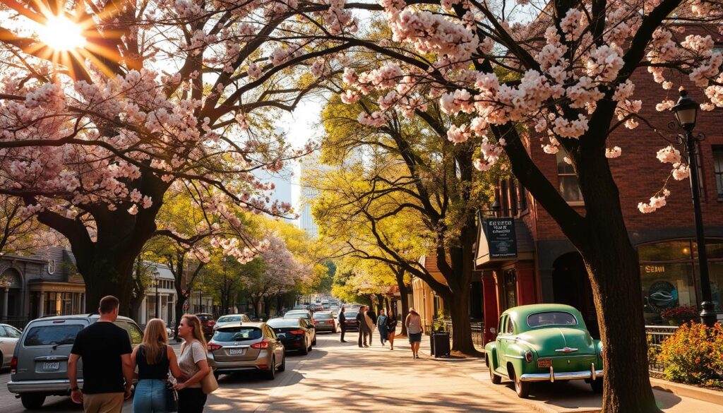 Atlanta seasonal street photography: Vibrant colors dance across the bustling sidewalks, as locals and tourists alike navigate the charming Inman Park neighborhood. Warm sunlight filters through the towering oak trees, casting a golden glow on the historic brick buildings. In the foreground, a group of friends pause to admire the blooming cherry blossoms, their delicate petals drifting lazily in the gentle breeze. The middle ground reveals a bustling street scene, with vintage cars parked along the curb and pedestrians strolling by. In the distance, the iconic skyline of Downtown Atlanta rises, its modern skyscrapers standing in contrast to the quaint, time-honored character of the surrounding area. The overall mood is one of tranquility and liveliness, capturing the essence of Atlanta's unique blend of old and new.