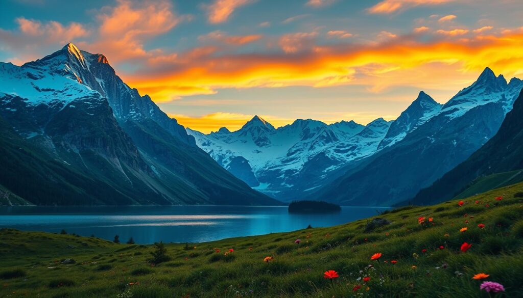 Breathtaking landscape with dynamic range in 2025: A dramatic vista of towering snow-capped peaks, their majestic silhouettes backlit by the golden glow of the setting sun. In the foreground, a tranquil alpine lake reflects the vibrant hues of the sky, its crystalline surface rippling with gentle movements. Lush, verdant meadows stretch out towards the horizon, dotted with vibrant wildflowers that sway in the cool mountain breeze. Soft shadows and highlights create a sense of depth and dimensionality, while the high dynamic range captures the nuanced interplay of light and shadow across the scene. The image exudes a sense of awe-inspiring grandeur, inviting the viewer to immerse themselves in the breathtaking beauty of this pristine, untouched landscape.