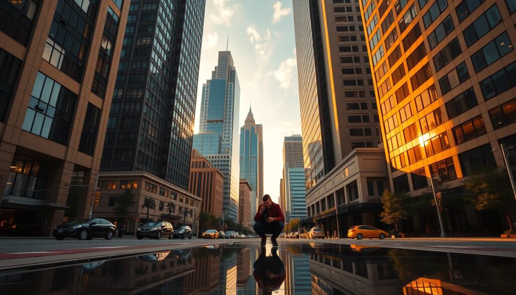 Bustling city streets, skyscrapers touching the sky, a photographer's paradise. Capture the dynamic energy of Atlanta's urban landscape, with golden hour sunlight casting warm hues across the scene. Framed by towering buildings, a lone photographer crouches, camera in hand, meticulously composing the perfect shot. Reflecting pools mirror the architectural marvels, offering captivating perspectives. Discover unique angles, play with leading lines, and harness the city's vibrant character to create stunning, memorable images. Ambient city sounds and the hum of traffic set the stage for an immersive photographic adventure in Atlanta.