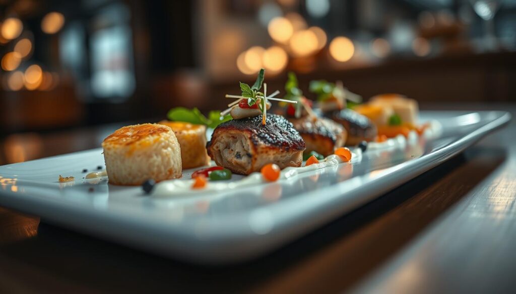 Close-up, macro shot of a plate of freshly prepared gourmet food, with a shallow depth of field to emphasize the detailed textures and vibrant colors. The food items are arranged artfully, showcasing the intricate plating and garnishes. Soft, diffused lighting illuminates the scene, creating a warm, inviting atmosphere. The camera is positioned at a low angle, capturing the food from an intimate perspective that draws the viewer's attention to the delicate nuances of the dish. The background is blurred and subdued, allowing the food to be the sole focus of the image. Ultra realistic and cinematic in its presentation.