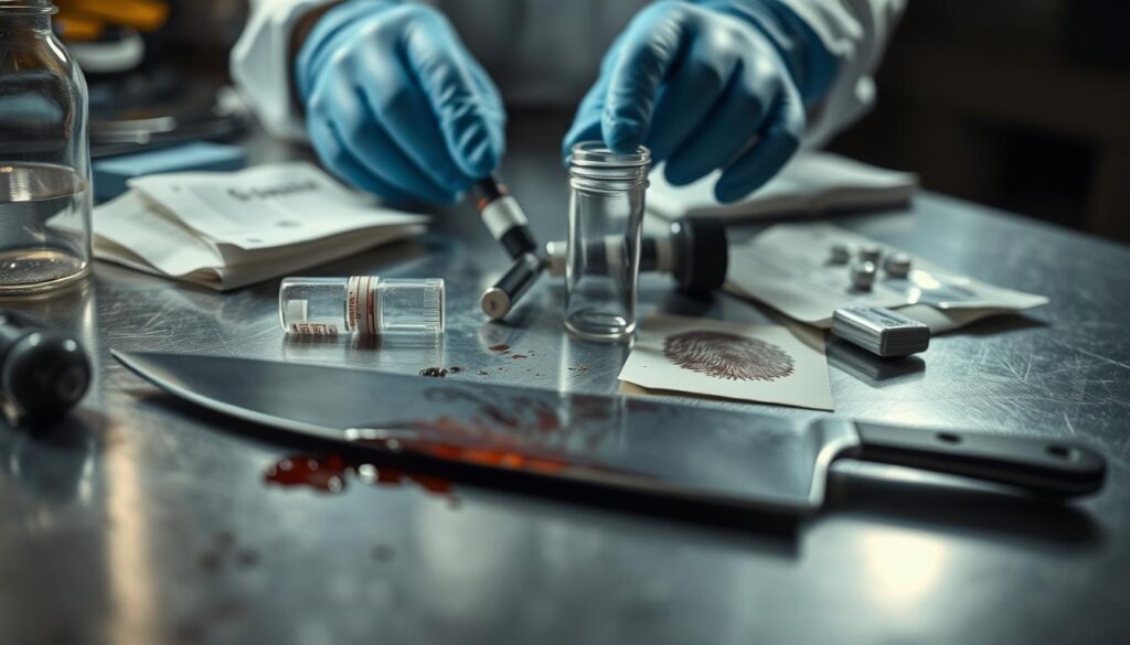 Close-up shot of various forensic evidence items laid out on a metallic examination table, illuminated by bright, clinical lighting. Includes latex-gloved hands carefully handling a bloodied knife, a sample vial, and a partially obscured fingerprint lifted from a surface. The scene conveys a sense of meticulous investigation, with a somber, serious atmosphere. Captured with a high-resolution camera lens, the image showcases the technical details and gravitas of real crime scene photography.