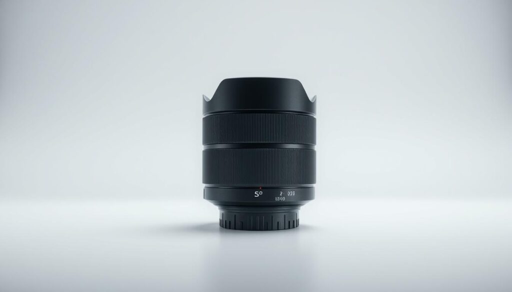 Detailed product shot of a Sony E-mount sports lens in a minimalist, well-lit studio setting. The lens has a sleek, black metallic body with prominent focus and zoom rings. The lens features a large, curved front element with advanced coatings to reduce flare and ghosting. The background is a clean, white surface that allows the lens design to be the primary focus. Lighting is soft and diffused, creating a high-quality, professional product photography aesthetic. The overall mood is modern, technical, and visually striking, showcasing the advanced features and premium build quality of the Sony sports lens.