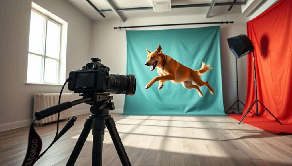 Detailed studio setup for dynamic pet photography in 2025: A spacious, well-lit room with soft, directional lighting casting dramatic shadows. A professional-grade DSLR camera with a fast telephoto lens mounted on a sturdy tripod, positioned to capture a canine subject mid-action. The dog, a lively breed, is caught in a playful leap or fetch motion, its muscular body and athletic form fully exposed. Vibrant, textured backdrops in complementary colors provide a modern, cinematic backdrop, allowing the dog's movements to be the focal point. The overall scene conveys a sense of energy, movement, and technical mastery in the field of pet photography.