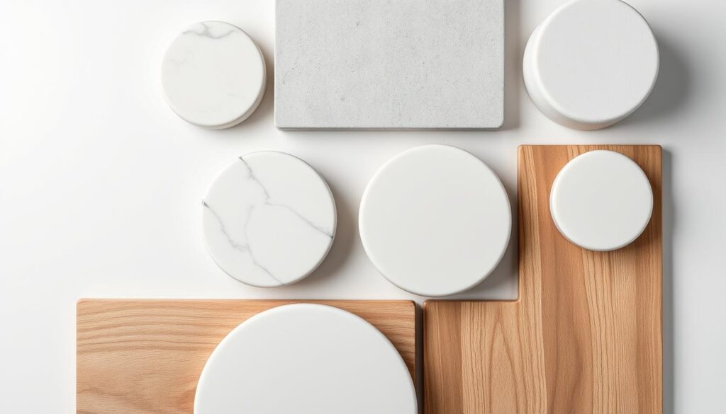 High-quality studio flat lay background with various textures and materials, including smooth marble, matte ceramic, and natural wood surfaces. Soft, even lighting from above creates a clean, minimalist atmosphere. Arrange the surfaces in a pleasing, symmetrical composition, with subtle tonal variations and complementary colors. Capture the scene from a low angle, with a shallow depth of field to keep the focus on the surfaces. The overall mood is serene, sophisticated, and inspiring for a flat lay photography session.