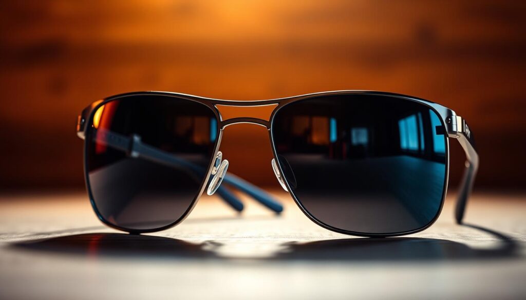 Highly detailed and cinematic image of a pair of polarized mirrored lens sunglasses, resting on a smooth wooden surface in a warm, softly lit studio setting. The lenses reflect the scene around them, creating a mesmerizing play of light and shadow. The frame is sleek and modern, with a subtle metallic sheen. The overall composition highlights the intricate construction and technical sophistication of the sunglasses, conveying their importance as a crucial piece of fishing gear.