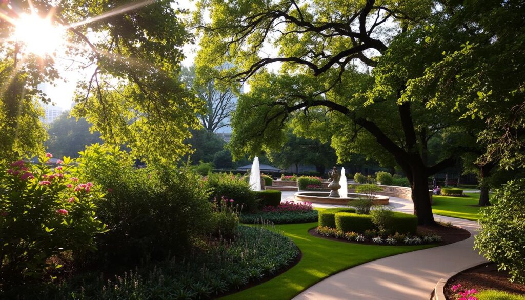 Lush green foliage envelops the serene Zilker Park botanical gardens, with vibrant blooms and manicured landscapes that invite exploration. Sunlight filters through the canopy, casting a warm, golden glow over the tranquil scene. In the foreground, a meandering path winds through the verdant grounds, inviting visitors to stroll and immerse themselves in the natural beauty. The middle ground reveals ornate fountains and sculptural elements that add visual interest, while the background showcases the iconic Zilker Park skyline, framed by towering trees. This idyllic setting captures the essence of a peaceful oasis amidst the bustling city, perfect for photography and relaxation.