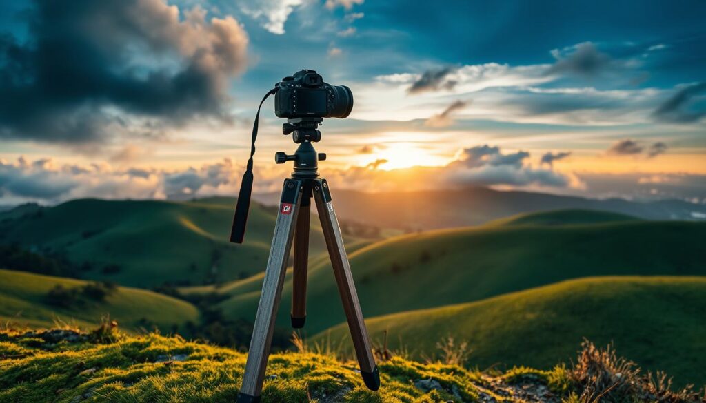 Lush, rolling hills bathed in golden hour light, a picturesque landscape framed by dramatic clouds and a vast, ethereal sky. In the foreground, a weathered wooden tripod stands steadfast, its legs planted firmly on the mossy ground. Atop it, a high-end DSLR camera meticulously captures the scene, its aperture, shutter speed, and ISO settings artfully balanced to achieve the perfect exposure. The resulting image radiates a sense of tranquility and technical mastery, inviting the viewer to explore the nuances of outdoor photography and the captivating interplay of light, time, and environment.