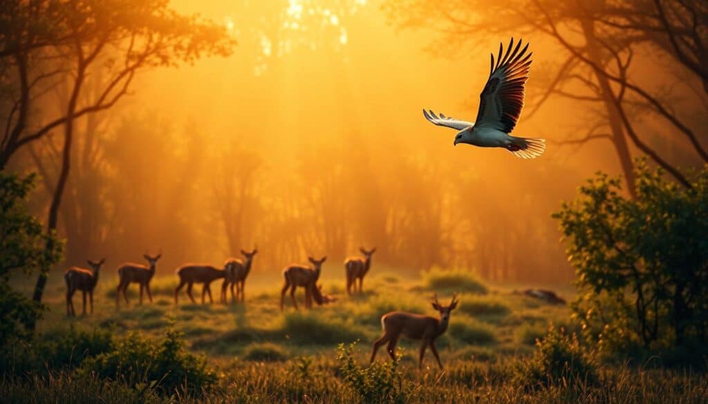 Majestic wildlife photography in a lush, verdant setting. In the foreground, a graceful bird of prey soars against a backdrop of golden afternoon light, its wings outstretched in a moment of powerful elegance. In the middle ground, a herd of deer graze peacefully, their alert expressions capturing the tranquility of the scene. The background reveals a dense, tangled forest, its canopy filtering the sunlight to create a warm, natural ambiance. The overall composition is crisp, with a shallow depth of field that emphasizes the subject, captured through the lens of a high-end mirrorless camera with a long telephoto lens. The result is a cinematic, ultra-realistic depiction of the latest trends in wildlife and bird photography.