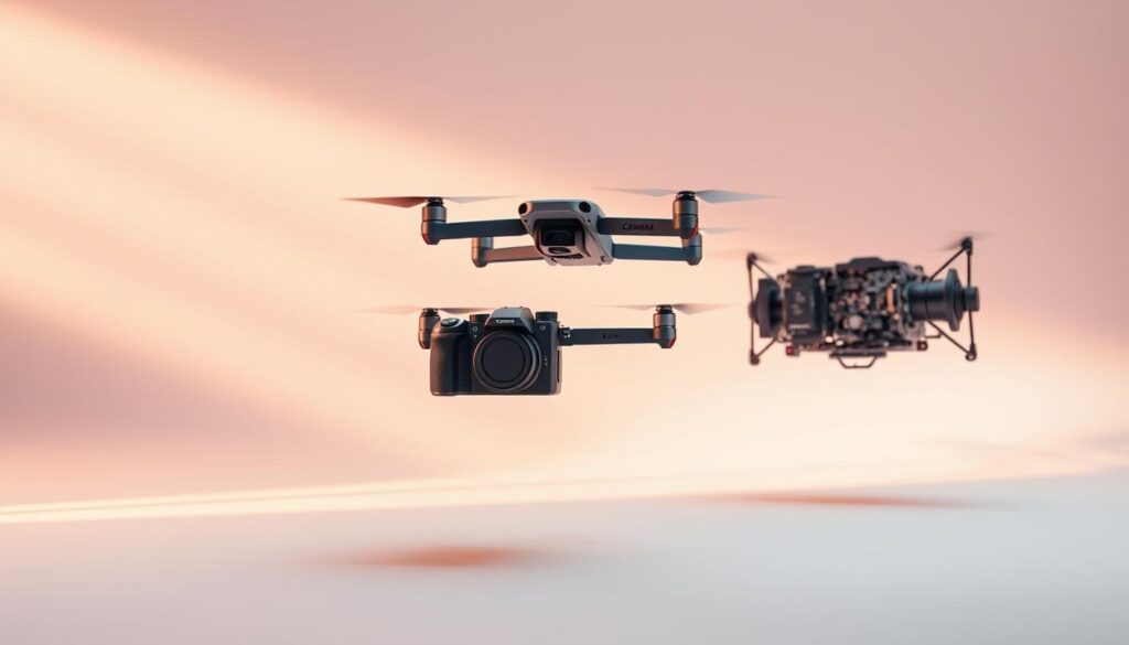 Sleek, cutting-edge AI-powered photography devices levitate in a pristine white studio, bathed in warm, directional lighting. In the foreground, a flagship mirrorless camera with an advanced computational imaging system hovers, its bold, minimalist design complemented by precision-engineered lenses. In the middle ground, a futuristic drone with integrated HDR sensors and object tracking capabilities drifts effortlessly, ready to capture aerial perspectives. Against a backdrop of seamless gradient, a high-end computational photography module scans the scene, its intricate circuits and sensors hinting at the technological marvels powering the next generation of image capture. This is the vanguard of AI-driven photography, a symphony of form and function that will redefine the boundaries of the art.