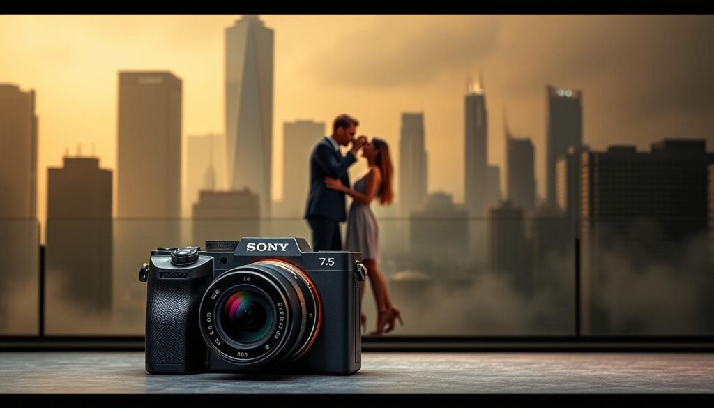 Sony mirrorless camera in a sleek, futuristic design against a dramatic, cinematic backdrop. The camera is positioned in the foreground, its metallic body gleaming under dramatic studio lighting. In the middle ground, a model is photographing a couple, their movements frozen in time. The background features an urban cityscape with towering skyscrapers, hazy with an atmospheric, moody ambiance. The overall scene conveys a sense of technological advancement, artistic elegance, and the camera's versatility for capturing the most important moments in 2025.