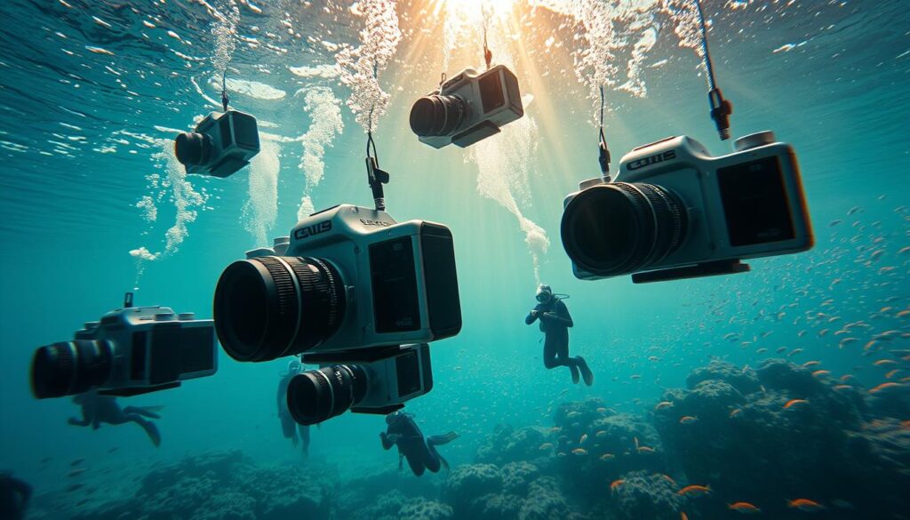 Underwater cameras, sleek and shimmering, suspended in a serene aquatic realm. Encased in durable housings, their lenses capture the ethereal beauty of the deep, refracting light through the crystal-clear waters. Divers, clad in streamlined wetsuits, move gracefully amongst the cameras, their movements fluid and deliberate. The scene is bathed in the gentle glow of sunbeams piercing the surface, casting a warm, cinematic hue upon the entire tableau. Coral reefs and schools of vibrant fish dance in the background, creating a vibrant, naturalistic backdrop. This is the world of 2025 underwater photography, where technology and nature converge in a breathtaking display.
