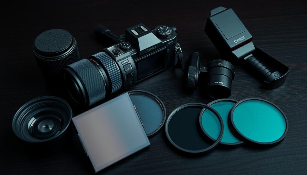 a cinematic close-up of an array of high-end photography accessories arranged artfully on a dark wooden surface, including a professional-grade camera lens, a compact mirrorless camera body, a sturdy tripod, a sleek external flash unit, and a set of neutral density filters, all meticulously lit to showcase their intricate textures and premium quality, creating a sense of depth and visual interest that emphasizes the vital role these tools play in elevating the creative vision of the modern photographer