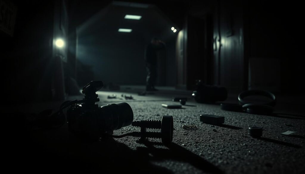 a dark, shadowy crime scene with a camera and camera equipment scattered on the ground, casting long, dramatic shadows across the scene; a forensic investigator in the background examining evidence, partially obscured by the shadows; dramatic lighting from overhead sources creating a somber, tense atmosphere; the scene is captured through a weathered, dusty camera lens, giving it a gritty, documentary-style feel; the overall image conveys the challenges and complexities faced by crime scene photographers in capturing critical evidence while preserving the integrity of the scene