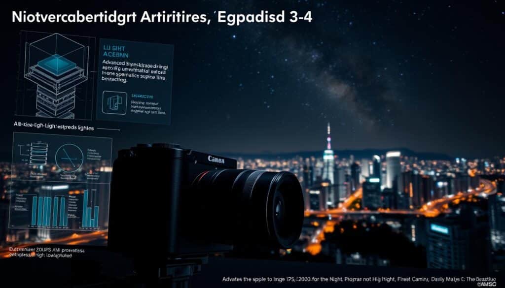 a detailed night scene of advanced night photography sensor technology, showcasing the latest low-light camera innovations. in the foreground, a sleek and compact full-frame camera body with an ultra-wide aperture lens. the camera is surrounded by various technical diagrams and schematics, highlighting advanced sensor design, high-speed image processing, and enhanced low-light performance. in the middle ground, a series of vivid night cityscapes, with skyscrapers and streets illuminated by a myriad of artificial lights, all captured with remarkable clarity and low noise. in the background, a starry night sky with faint wisps of the milky way, demonstrating the camera's exceptional dynamic range and high-ISO capabilities. the overall mood is one of technological progress, scientific innovation, and the boundless creative potential of modern night photography.