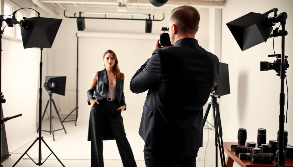 a high-end fashion photographer's studio in Paris, filled with natural light and modern equipment. In the foreground, a model poses gracefully, wearing the latest designer attire. The photographer, dressed in a sleek black ensemble, adjusts the lighting, carefully considering the composition and angles to capture the perfect shot. In the background, a minimalist backdrop allows the subject to take center stage, while various camera lenses and accessories are neatly arranged on a nearby table. The atmosphere is one of professionalism, creativity, and attention to detail, perfectly suited for the task of choosing the right fashion photographer in Paris.