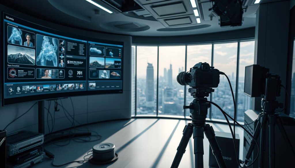a high-tech photography studio with a sleek, futuristic aesthetic. a large, curved display shows a complex visual interface with various AI-powered editing tools, including image recognition, object segmentation, and style transfer. in the foreground, a professional-grade camera on a tripod is connected to a powerful workstation, with cables and peripherals neatly organized. the lighting is soft and directional, creating dramatic shadows and highlights that accentuate the technological elements. in the background, a large window offers a panoramic view of a modern cityscape, hinting at the advanced computational power and connectivity required to harness AI for photography. the overall atmosphere is one of innovation, precision, and the seamless integration of human and machine.