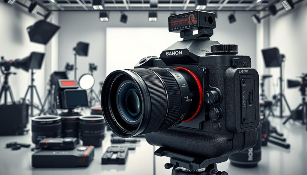 a highly detailed, ultra-realistic and cinematic illustration of a professional camera overview in the year 2025. The image features a sleek, black "pro black box" camera with a large, high-resolution sensor and a premium set of interchangeable lenses in the foreground. The camera is surrounded by a complex array of advanced technical features and controls, including a touchscreen display, multiple control dials, and an electronic viewfinder. The middle ground shows an assortment of accessories such as flashes, tripods, and remote triggers. The background depicts a modern, minimalist photography studio with clean white walls, high-end lighting equipment, and a hint of the latest camera technology innovations. The overall scene conveys a sense of professional-grade equipment, cutting-edge design, and the future of high-end digital photography.