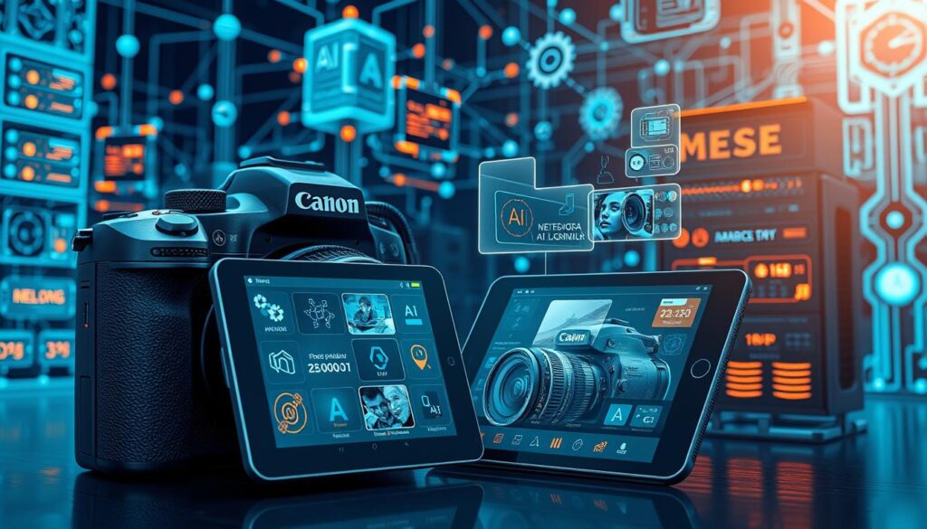 a highly detailed, ultra-realistic digital illustration of AI-powered photography equipment and software. in the foreground, there is a high-end DSLR camera with advanced sensors and lenses, along with a sleek, futuristic-looking tablet or smartphone displaying various photography-focused AI tools and applications. in the middle ground, there are floating holographic displays showcasing AI-generated image edits, filters, and enhancements. in the background, a complex network of servers, data centers, and AI algorithms are visualized, representing the powerful computational infrastructure powering these AI photography technologies. the scene is bathed in a cool, technological color palette of blues, grays, and subtle neon accents, creating an immersive, futuristic atmosphere.