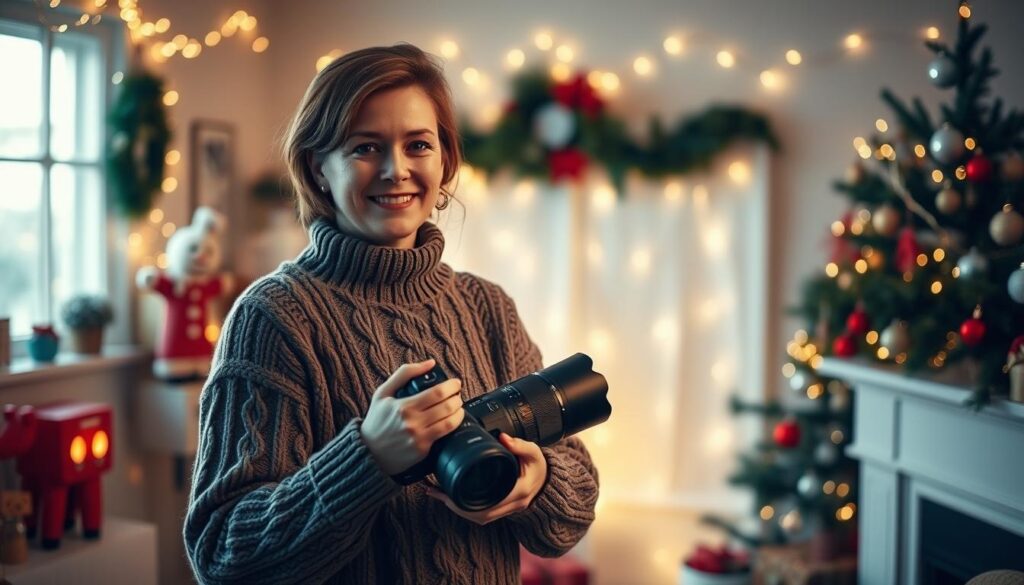 a holiday portrait photographer standing in a cozy, festive home studio, surrounded by twinkling lights and Christmas decorations. They are dressed in a warm, cable-knit sweater, holding a high-end camera and lens, with a gentle smile on their face, ready to capture the unique dynamics and joy of a family Christmas portrait session. The lighting is soft and diffused, creating a warm, inviting atmosphere, and the background is blurred, allowing the focus to be on the photographer and their subjects. The composition is thoughtfully framed, with the photographer positioned at an angle to create a sense of candid, natural interaction.