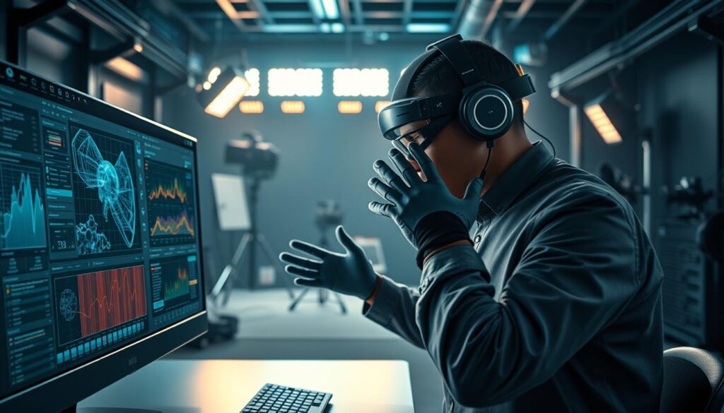 a hyper-realistic, cinematic image of an artificial intelligence system analyzing and enhancing a digital photograph in post-processing. The foreground shows a sleek, futuristic computer display with intricate data visualizations, color grading tools, and image editing software. In the middle ground, a photographer wearing a wireless headset and gesture-controlled gloves interacts with the AI interface, refining the image with precise, fluid movements. The background depicts a dimly lit, high-tech studio environment with camera equipment, lighting rigs, and technological components. The image conveys a sense of awe and wonder at the seamless integration of AI and photography, highlighting the power and precision of this emerging technology.