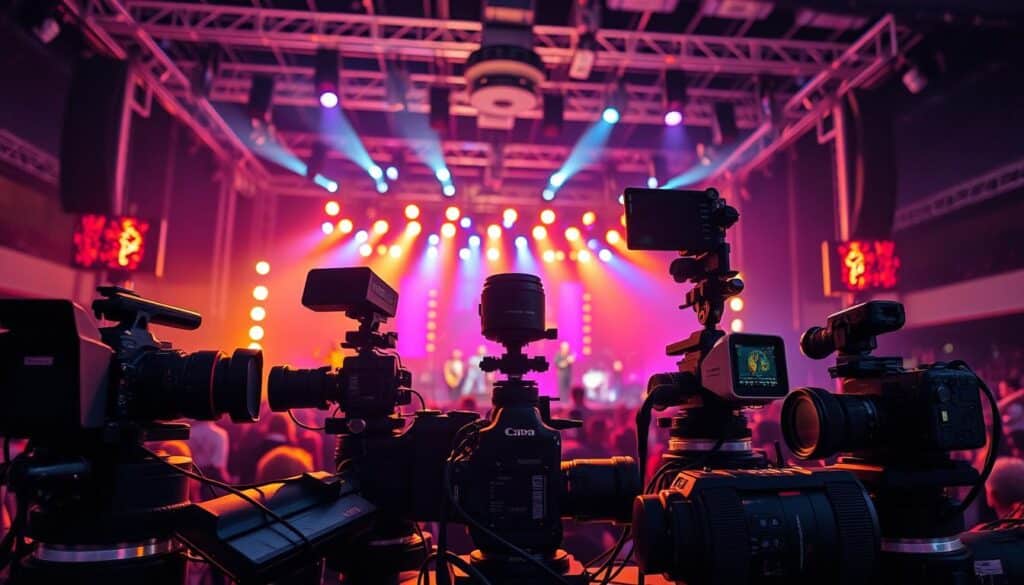 a performance stage illuminated by a grid of colorful stage lights, with a collection of high-end cameras, lenses, and camera gear in the foreground, capturing the energy and excitement of a live concert, the cameras and equipment arranged in a dynamic, visually compelling composition, the stage in the background filled with musicians and performers, the entire scene bathed in warm, dramatic lighting that creates a sense of immersion and intensity, the atmosphere electric and captivating, conveying the thrill and technical mastery of concert photography