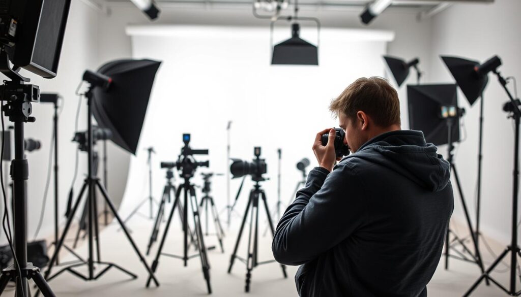 a photographer in a modern studio, surrounded by professional camera equipment, lighting setups, and creative accessories. in the foreground, the photographer is meticulously framing a shot, intently focused on the viewfinder. in the middle ground, various camera lenses, tripods, and reflectors are neatly arranged, indicating a well-organized workflow. the background features a seamless white backdrop, allowing the subject to be the central focus. the lighting is soft and diffused, creating a serene, contemplative atmosphere that enhances the creative process. the overall scene conveys a sense of precision, dedication, and the artistic passion inherent in exceptional photography.