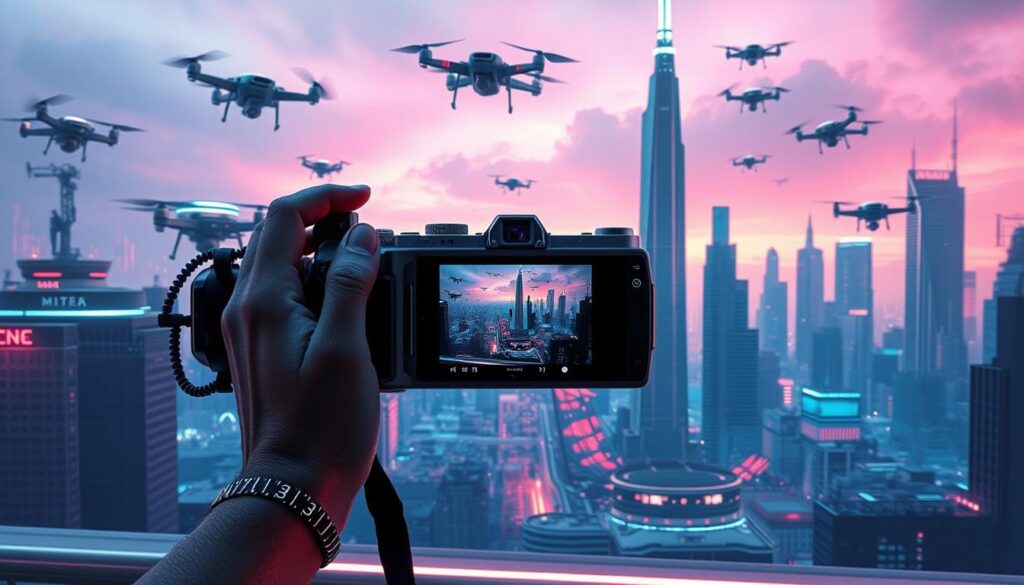 a surreal and futuristic scene depicting the evolution of photography, with a focus on the integration of advanced AI and emerging technologies. In the foreground, a photographer holds a sleek, AI-powered camera with gesture-based controls and augmented reality overlays, capturing a striking image of a cyberpunk cityscape in the distance. The middle ground features hovering drone-like camera platforms and floating holographic viewfinders, while the background showcases towering skyscrapers with integrated camera systems and autonomous drones patrolling the airspace. The scene is bathed in a cool, neon-tinged lighting, conveying a sense of technological progress and the boundless possibilities of the future of photography.