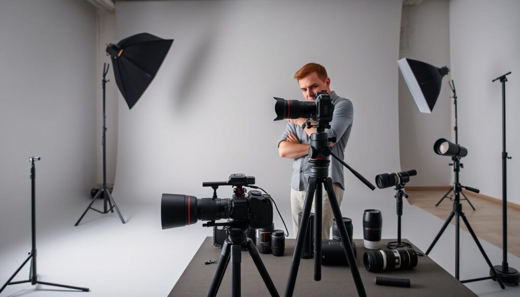 a well-lit and spacious studio with a solid gray backdrop, a tripod-mounted camera on a table in the foreground, an assortment of photographic equipment including lenses, reflectors, and lighting modifiers neatly arranged around the camera, a stylish photographer in a casual outfit standing behind the camera, capturing a thoughtful, focused expression as they compose the shot, the scene conveying a sense of professionalism, expertise, and attention to detail in the art of photography