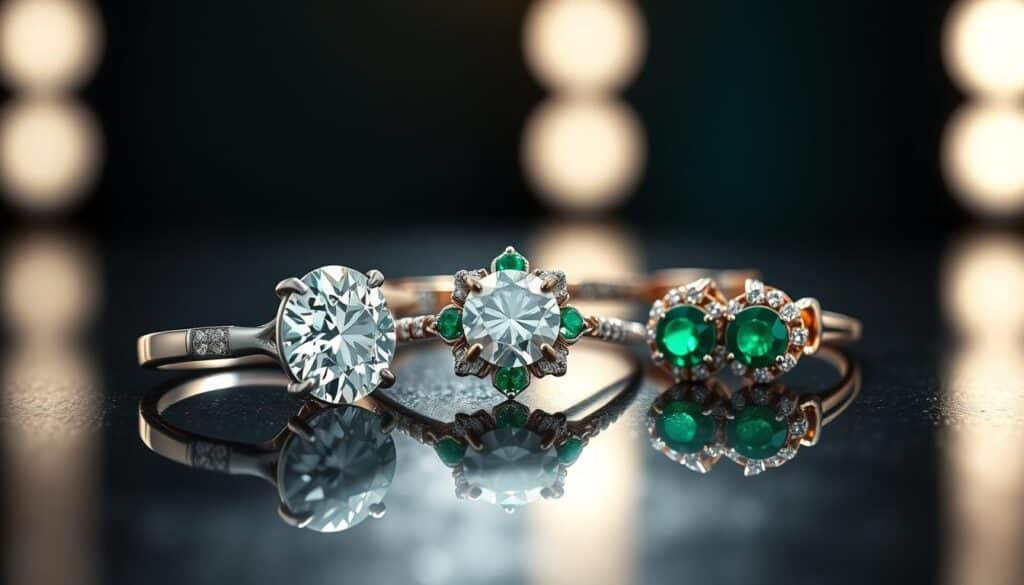 high-resolution jewelry photos of a diamond ring, emerald necklace, and gold earrings arranged on a dark, reflective surface with dramatic lighting from the side, capturing the brilliant sparkle and intricate details of the jewelry pieces, showcasing their exceptional craftsmanship and quality in a cinematic, ultra-realistic manner.