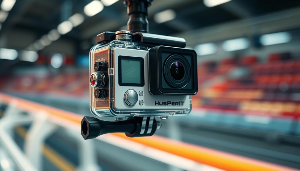 high-speed action camera features, a close-up view of a sleek, modern camera with an advanced image sensor, high-resolution display, and an array of controls and buttons. The camera is suspended in a dynamic, motion-blurred environment, with a shallow depth of field that draws the eye to the camera's key features. Dramatic lighting casts dramatic shadows, highlighting the camera's sturdy build and premium design. The background is a blur of vibrant colors, suggesting the camera's ability to capture the energy and excitement of fast-paced sports and action.