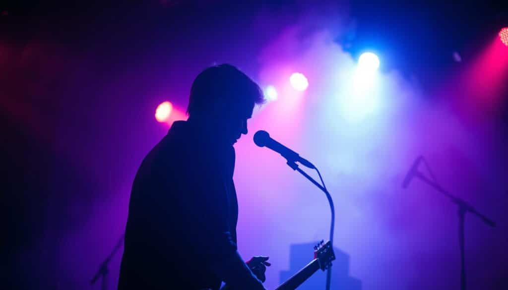 low-light performance concert photography, a dimly lit stage with a solo musician performing, backlit by vibrant colored lights, their silhouette visible against a hazy, smoky backdrop, the scene captured through a telephoto lens with a shallow depth of field, the musician's face partially obscured, creating a sense of mystery and drama, the image conveying the intimate, immersive atmosphere of a live music event, ultra realistic and cinematic in its rendering