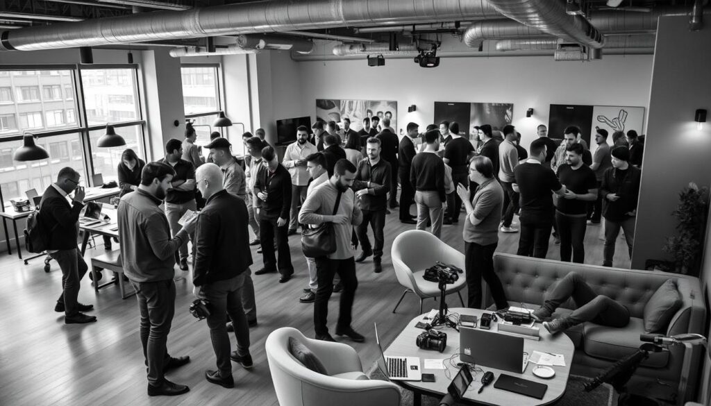 photography networking event in a modern professional co-working space, with a large open floor plan, warm lighting, and groups of photographers engaged in conversation and exchanging business cards, with a mix of laptop computers, camera gear, and stylish furniture creating a dynamic and productive atmosphere, high-contrast black and white documentary-style photography capturing the energy and collaboration of the scene
