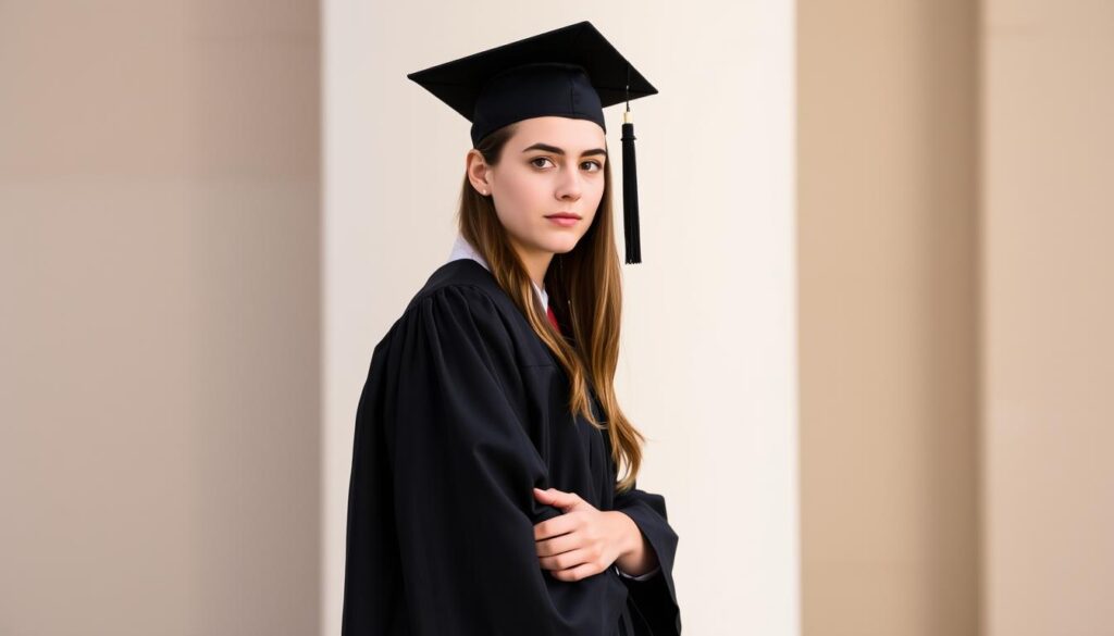senior portraits of a high school graduate in a classic cap and gown pose, photographed in a classic style with soft, natural lighting and a blurred, neutral background. the student is standing upright with a serious, dignified expression, facing the camera at a slight angle. the image has a timeless, elegant aesthetic, capturing the milestone moment of graduation in a formal, yet personal way.