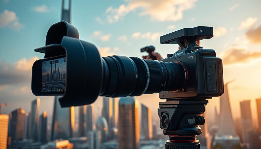 ultra realistic and cinematic photography trends in 2025, featuring a futuristic, high-tech camera setup with advanced lenses, sensors, and displays. In the foreground, a sleek, minimalist camera body with a large touchscreen display and a variety of interchangeable lenses. In the middle ground, a photographer capturing a dynamic, action-packed scene with the camera's enhanced low-light capabilities, high-speed autofocus, and stabilization features. In the background, a cityscape of towering skyscrapers and gleaming, futuristic architecture, bathed in a warm, golden light and a sense of wonder and possibility.
