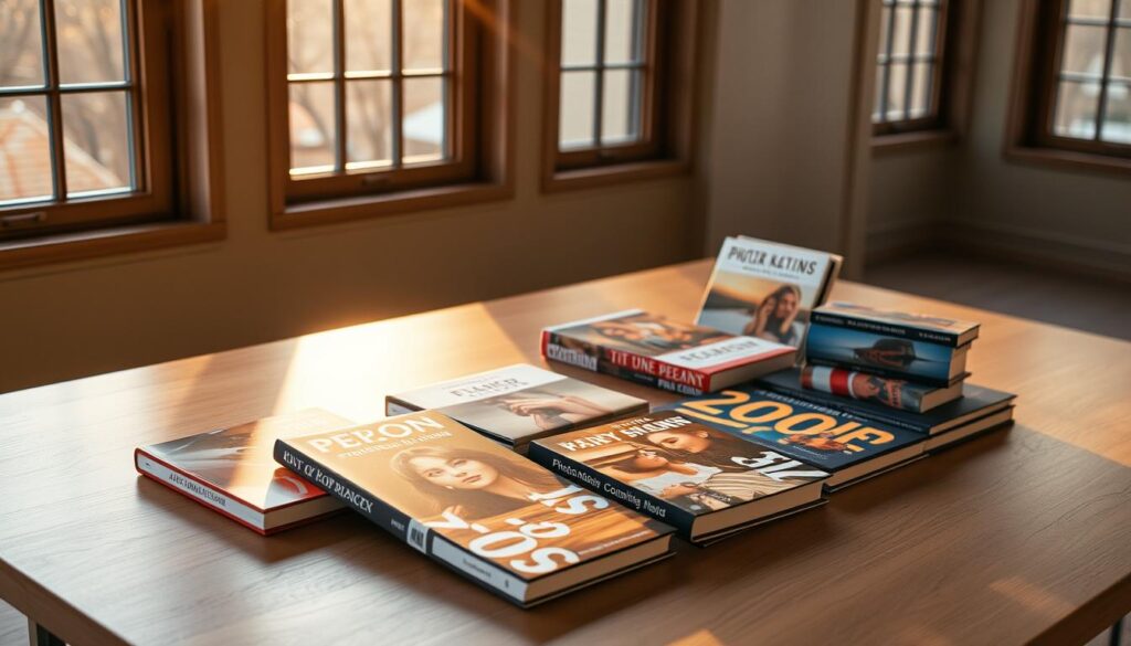 A neatly arranged collection of 2025's most captivating photography books sits on a sleek, minimalist wooden table, bathed in warm, golden light that filters through large windows. The covers feature vibrant, eye-catching designs that hint at the diverse photographic styles within. The books are positioned in a visually compelling layout, with some slightly angled or overlapping, creating a sense of depth and artistic curation. The scene exudes a sense of anticipation and inspiration, inviting the viewer to explore the latest must-read titles in the world of photography.