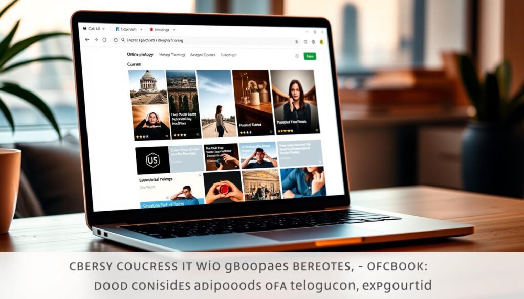 A sleek, modern laptop screen displaying an array of online photography training courses, with a stylish minimalist interface showcasing course thumbnails, ratings, and descriptions. The scene is bathed in warm, soft lighting, creating a cozy and inviting atmosphere. In the background, a blurred cityscape or nature scene serves as a subtle backdrop, emphasizing the digital and remote nature of the training. The composition is balanced and visually appealing, highlighting the convenience and accessibility of the 2025 online photography education landscape.