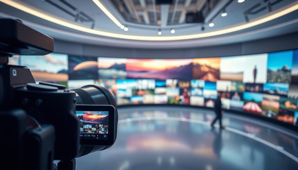 A vibrant and immersive scene depicting video integration within a cutting-edge photography platform. In the foreground, a sleek, high-resolution camera viewfinder displays a live video feed, seamlessly blending with the crisp, detailed photographs surrounding it. The middle ground showcases a range of advanced editing tools and interfaces, allowing the photographer to effortlessly manipulate and enhance their visual content. In the background, a panoramic display showcases a diverse portfolio of visually stunning images and videos, all united by a cohesive and visually stunning user experience. The lighting is soft and diffused, creating a sense of depth and dimension, while the overall composition conveys a modern, sophisticated, and technologically advanced atmosphere.