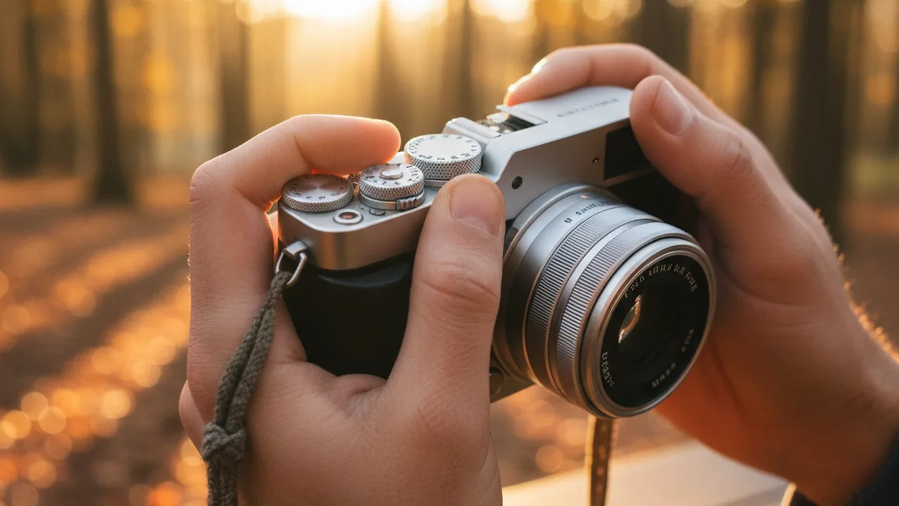 Beginner photographer adjusting camera mode dial