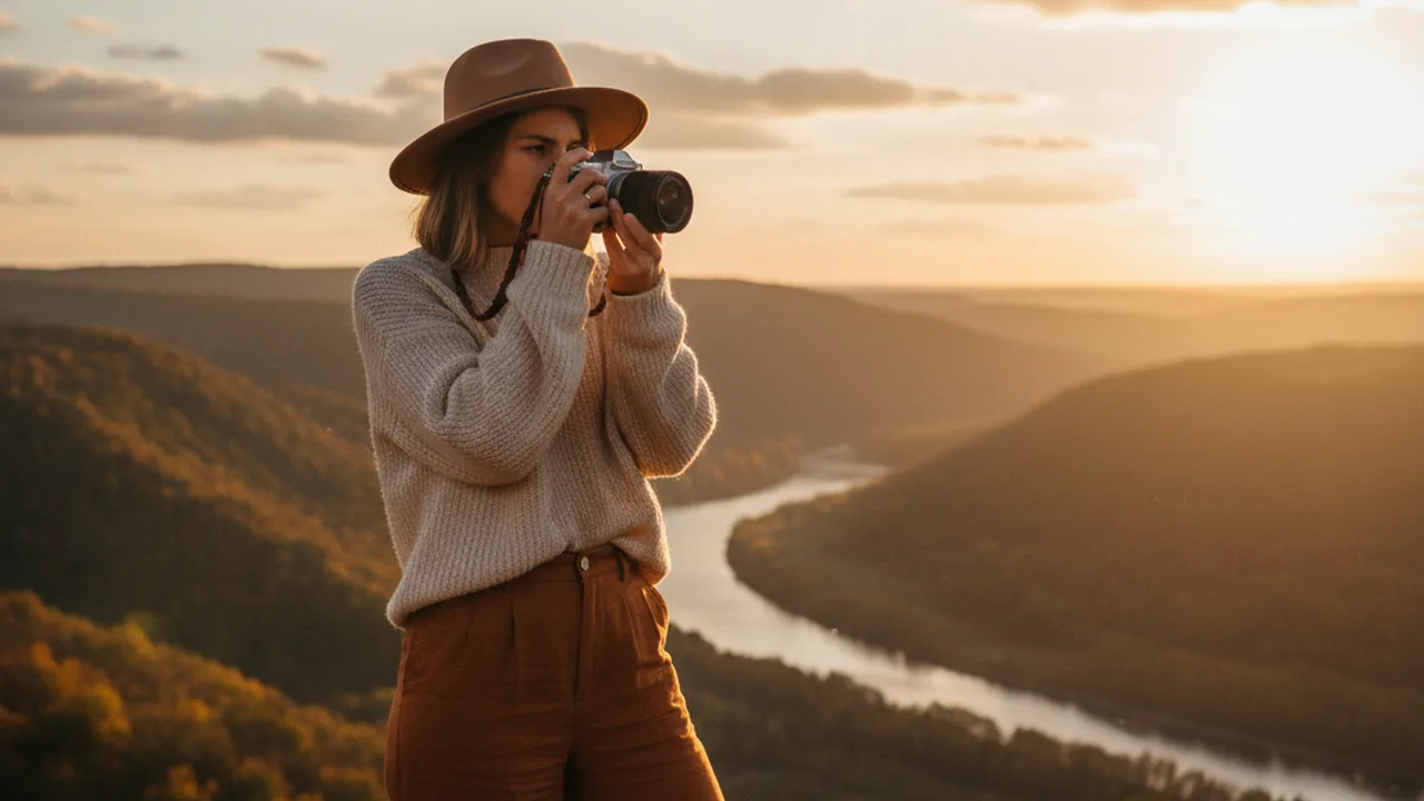 Beginner photographer shooting at golden hour with mirrorless camera