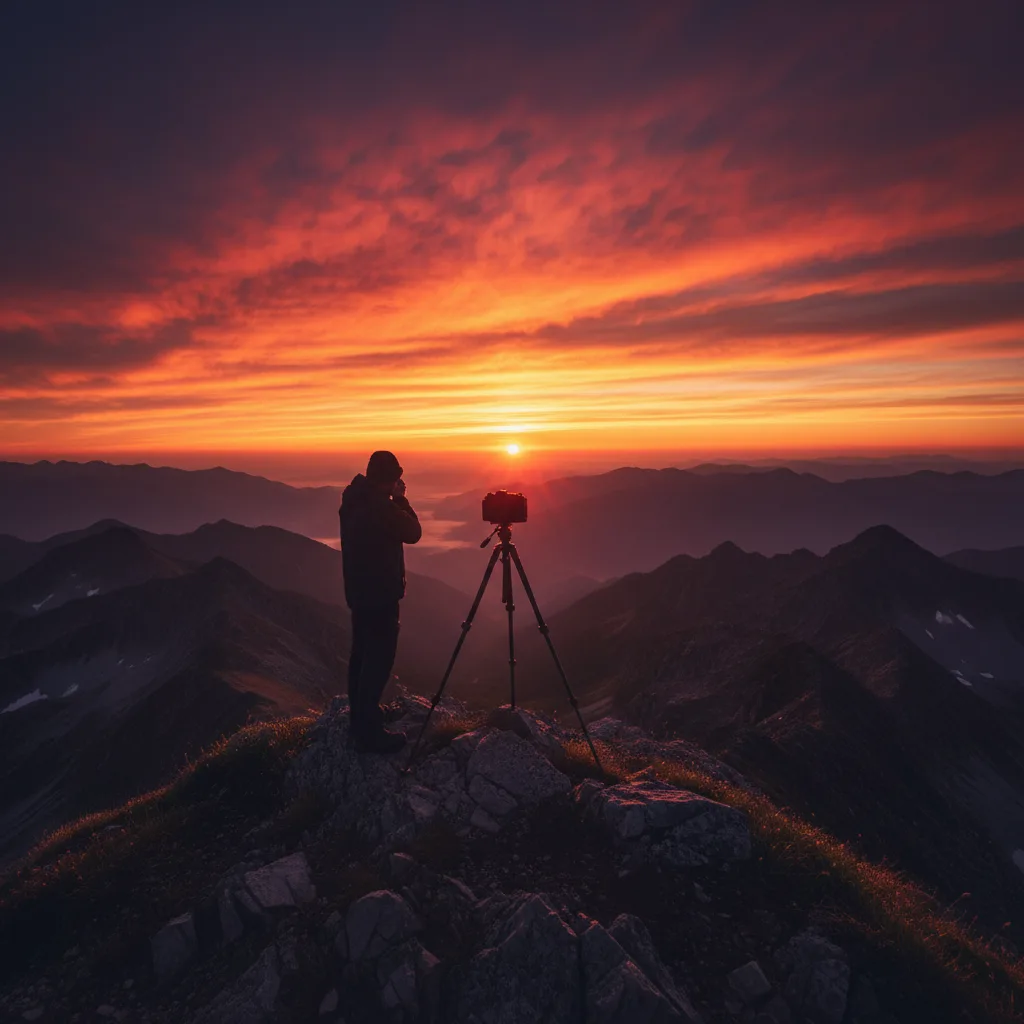 Photographer capturing dramatic landscape at sunset